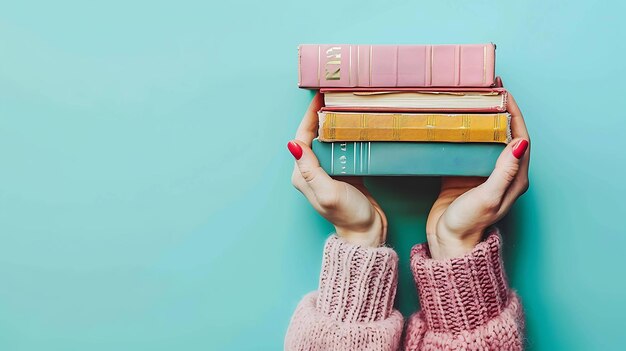 Mãos femininas segurando uma pilha de livros vintage em um fundo azul