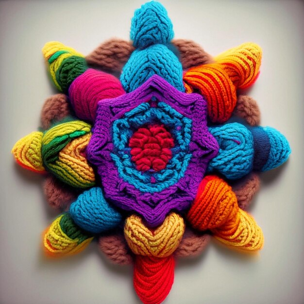 Foto mãos femininas tricotando mandala redonda com lã colorida