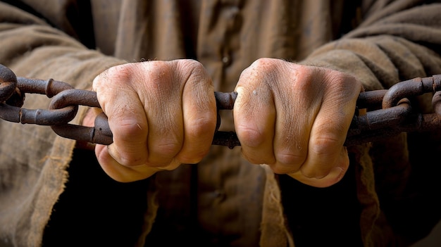 Foto mãos firmemente amarradas com cadeias de aço enferrujado simbolizando cativeiro e restrição