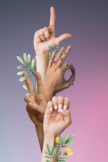 Mãos florais usando linguagem de sinais