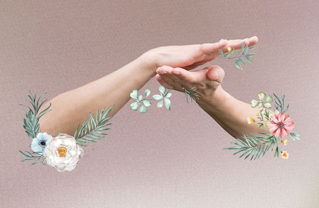 Foto mãos florais usando linguagem de sinais