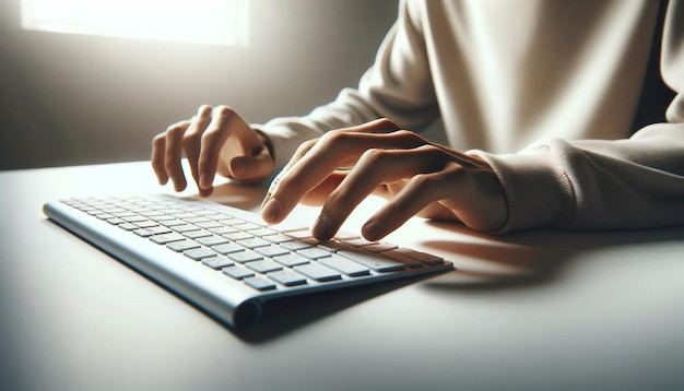 Mãos focadas na digitação em um teclado elegante