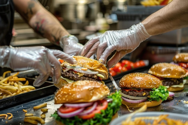 Foto mãos habilidosas montam cheeseburgers com coberturas frescas na cozinha de fast food