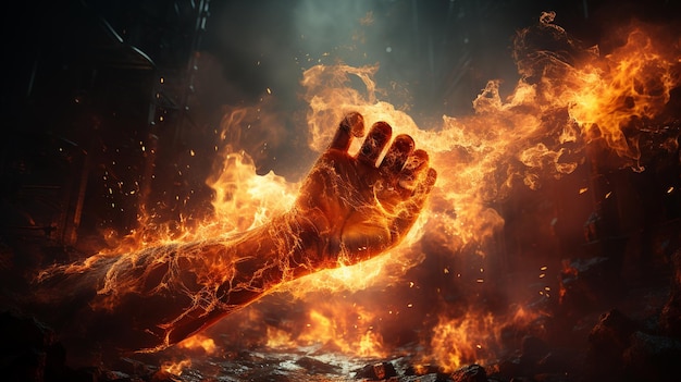 mãos humanas com chamas, fogo e inferno, conceito de inferno