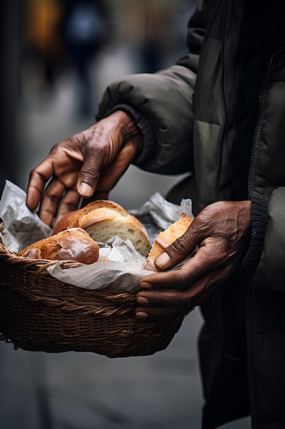 mãos humanas dando pão a um sem-abrigo como outras mãos