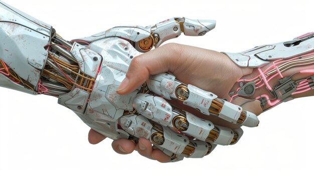 Foto mãos humanas e robóticas apertando as mãos conceito de design de tecnologia de inteligência artificial conceito de amizade entre pessoas artificiais e reais isoladas em branco