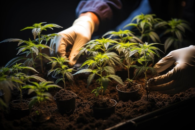Mãos humanas seguram delicadamente pequenas plantas de cannabis