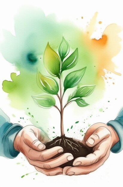 mãos humanas seguram um punhado de terra a partir do qual uma árvore cresce arbusto planta brota semente ecologia