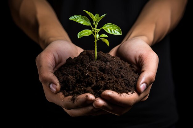 Mãos humanas segurando uma muda verde com solo em fundo preto Ai Gerado