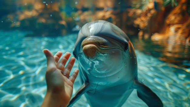 Mãos interagindo com um golfinho brincalhão e amigável