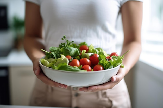 Mãos irreconhecíveis de mulher segurando uma tigela de salada gerada por IA