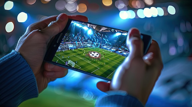 Mãos jogando um videogame de futebol em um celular