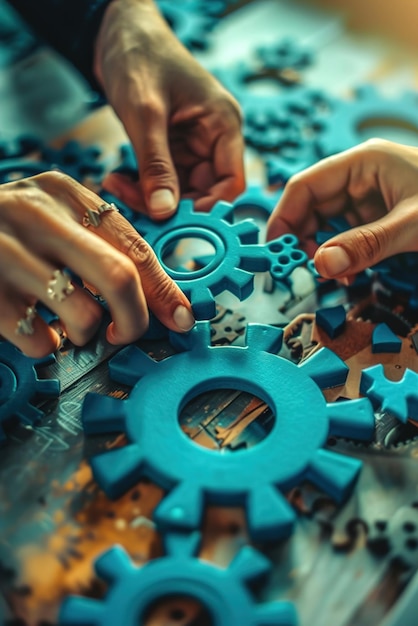 Foto mãos juntando um quebra-cabeça de engrenagens trabalho em equipe e sinergia na resolução de problemas para compreender c intrincado