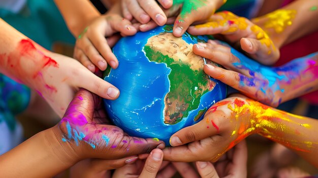 Foto mãos juntas com diferentes peles coloridas e agarrando a terra dia internacional da amizade