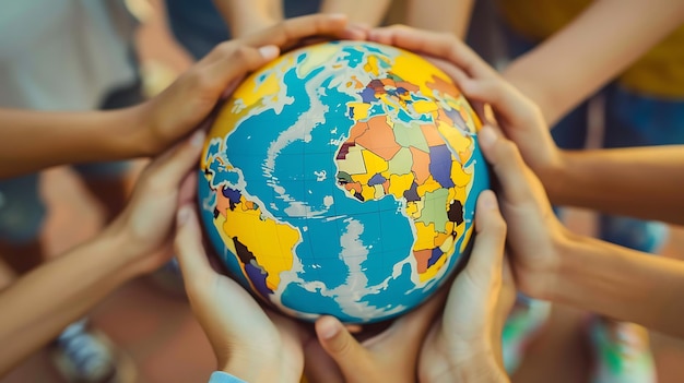 Foto mãos juntas e segurando a terra dia internacional cooperativo