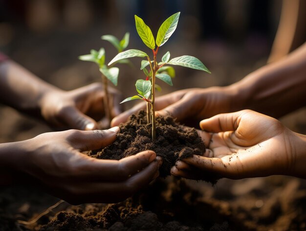 Mãos juntas segurando uma pequena planta em solo fértil cuidado de sustentabilidade ambiental para o crescimento closeup AI gerado