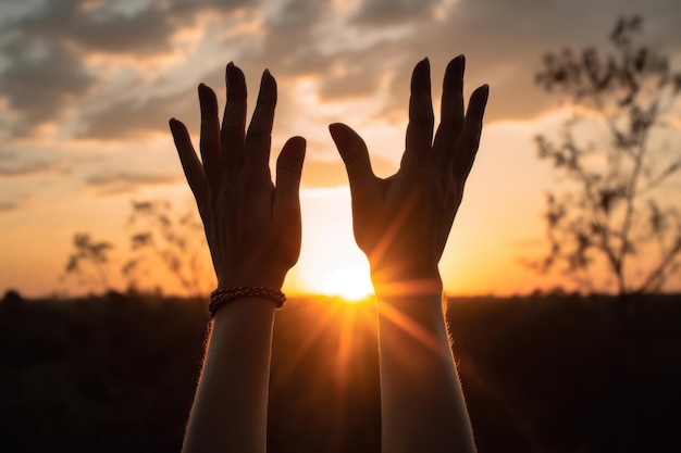 Mãos levantadas para a meditação do sol recebendo ai gerador de energia quente