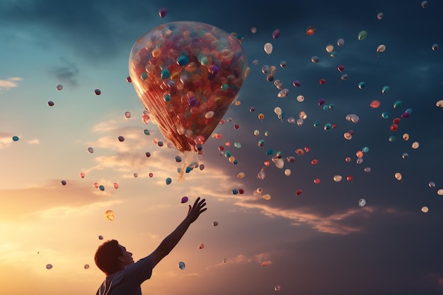 Mãos liberando um balão reciclado para o céu