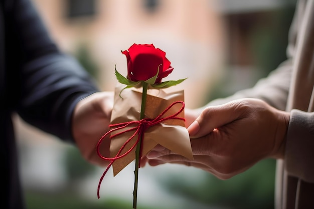 Mãos macias de gesto romântico segurando uma nota de amor de rosa vermelha presa com fita vermelha