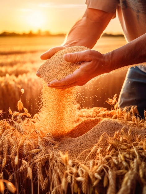 Foto mãos masculinas adultas segurando os grãos de trigo trigo maduro nas terras agrícolas ao redor do pôr do sol ia generativa