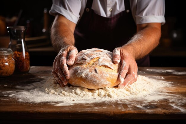 Mãos masculinas amassando pão na mesa polvilhada