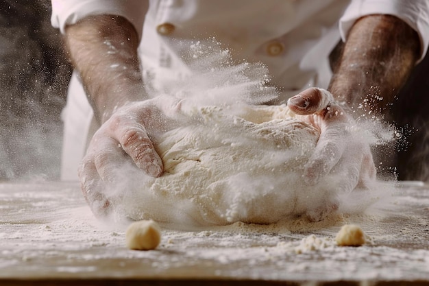 Mãos masculinas de chef amassando massa em uma mesa de madeira