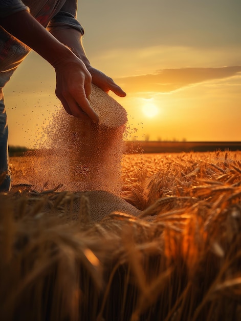 Mãos masculinas derramando grãos no campo de trigo Picos amarelos secos no campo ao redor da hora do pôr do sol Generative AI