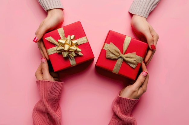 Mãos masculinas e femininas segurando caixa de presente vermelha em fundo rosa