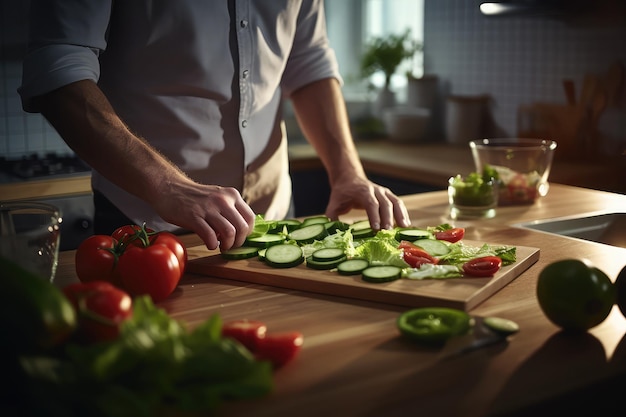 Foto mãos masculinas estão preparando uma salada na cozinha