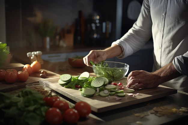 Mãos masculinas estão preparando uma salada na cozinha