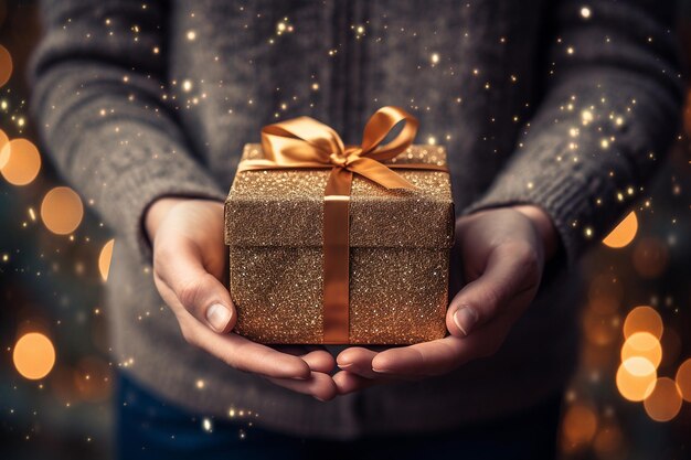 Mãos masculinas segurando caixa de presente com luzes de Natal de fundo Cartão de Inverno e Ano Novo