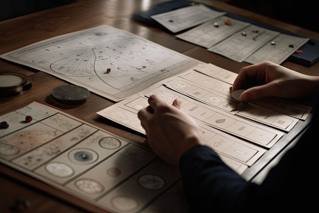 Mãos masculinas segurando cartas de tarô Astrólogo calcula mapa natal e faz uma previsão IA generativa