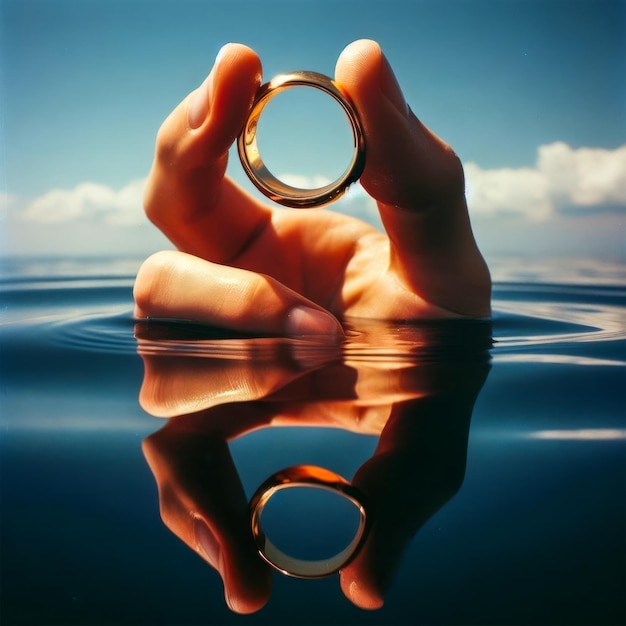 Foto mãos masculinas segurando um anel de casamento na superfície da água com reflexo
