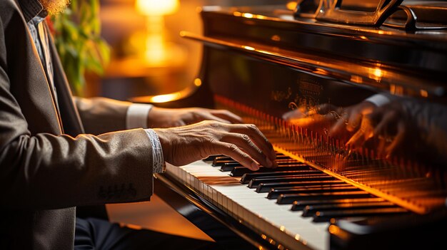 mãos masculinas tocando no piano à noite