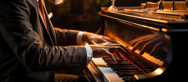 mãos masculinas tocando no piano à noite