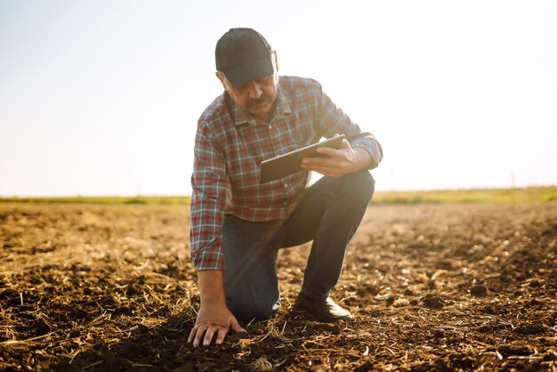 Mãos masculinas tocando o solo no campo Mão especialista do agricultor verificando a saúde do solo Conceito de ecologia