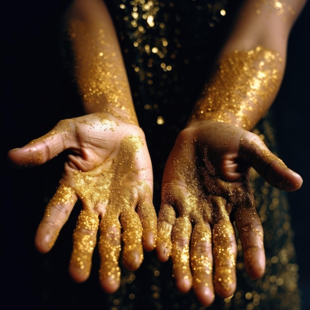 Foto mãos mergulhadas em glitter dourado, encharcadas em gitter dourado, geradas por ia