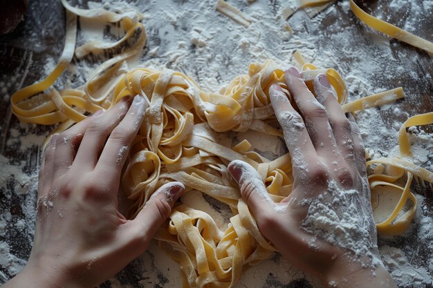 Mãos moldando pasta em um coração em uma superfície de pó de farinha