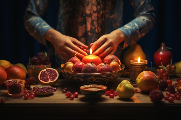 Foto mãos noturnas de yalda segurando elementos simbólicos como c 00692 00