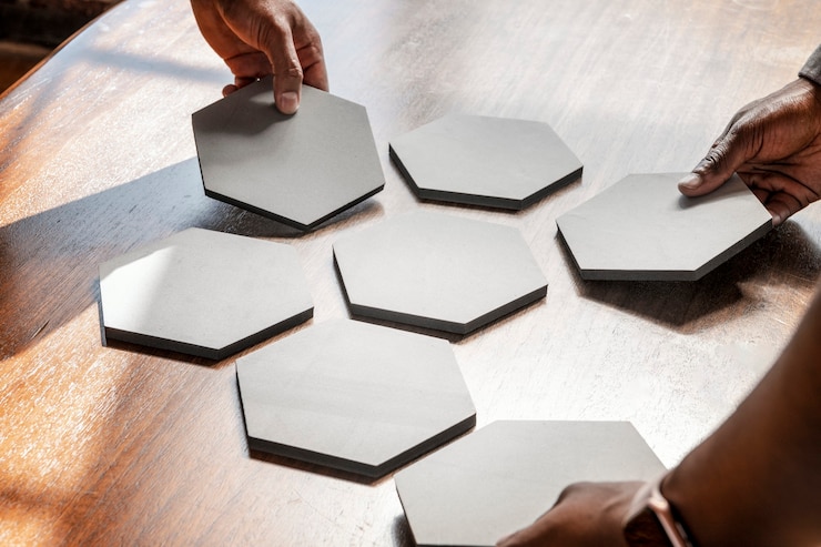 Foto mãos organizando hexágono conectado recortam papéis