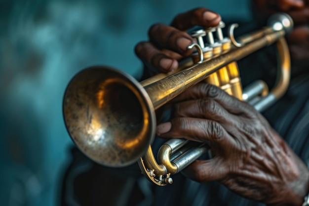 Mãos peritas de um trompetista tocando uma trompete de latão vintage Jazz Revival