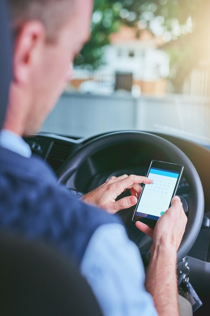 Foto mãos pessoa e carro de condução com smartphone para cronograma de calendário ou data para serviço de entrega na estrada motorista de correio e telefone em van com lembrete em aplicativo móvel para cadeia de suprimentos na rua