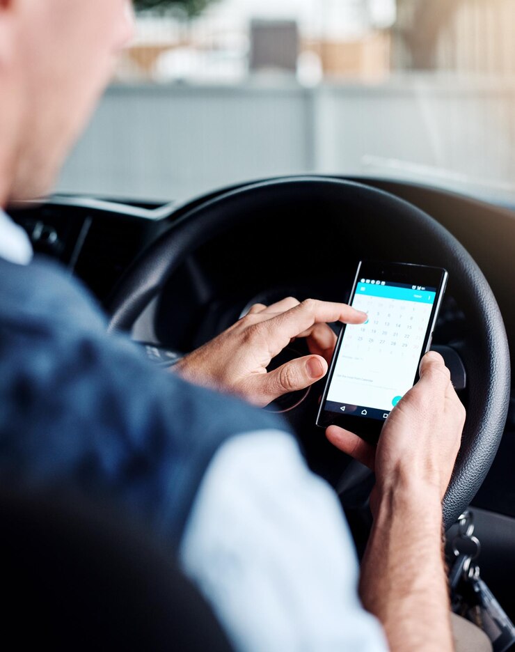 Foto mãos pessoa e motorista no carro com telefone para calendário ou data para serviço de entrega na estrada correios clique e smartphone na van com lembrete no aplicativo móvel para cadeia de suprimentos na rua