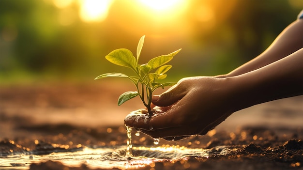 mãos plantando e regando uma planta de bebê em água com luz solar borrada fundo verde