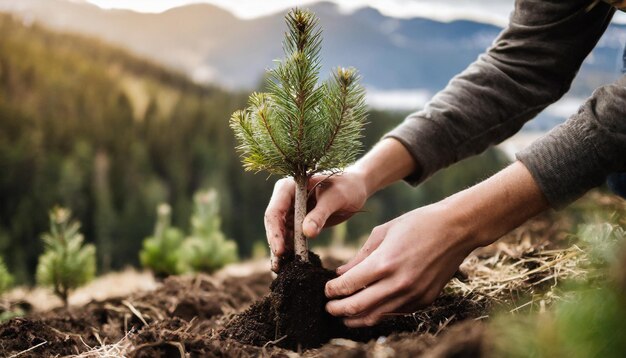 Foto mãos plantando novas árvores área aberta ambiente de montanha cuidado crescimento sustentabilidade natureza