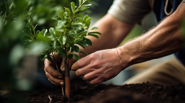 mãos plantando uma árvore plantando plantas no jardim generativo ai