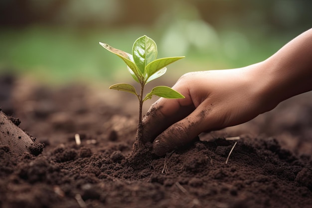 Mãos plantando uma semente no solo de uma floresta Close up Ai generative