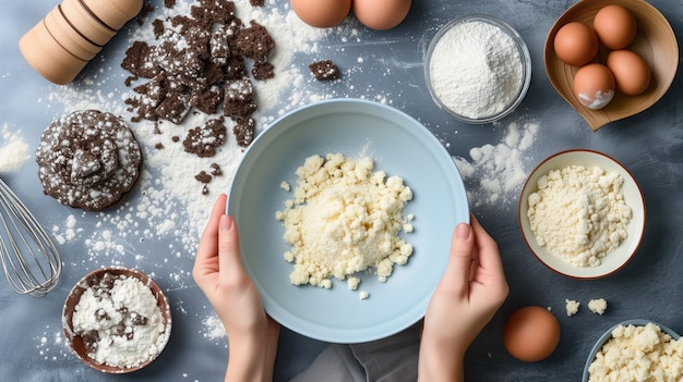 Mãos preparando massa com ingredientes e ferramentas em superfície azul