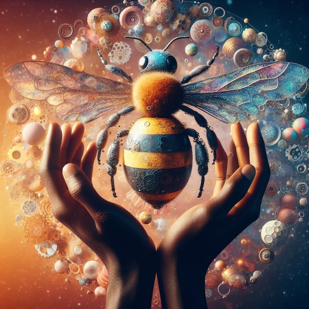 mãos protegem cuidados abelha steampunk elemento importante da ecologia salve o planeta das mudanças climáticas