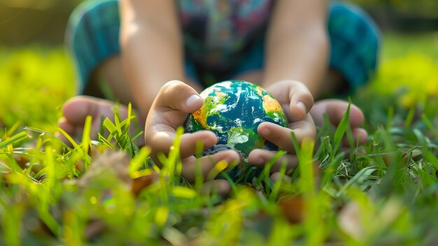 Mãos protegendo um modelo detalhado da Terra em grama natural ideal para uma campanha ambiental